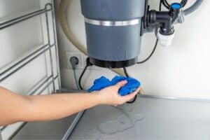 Person wiping up water near a garbage disposal.