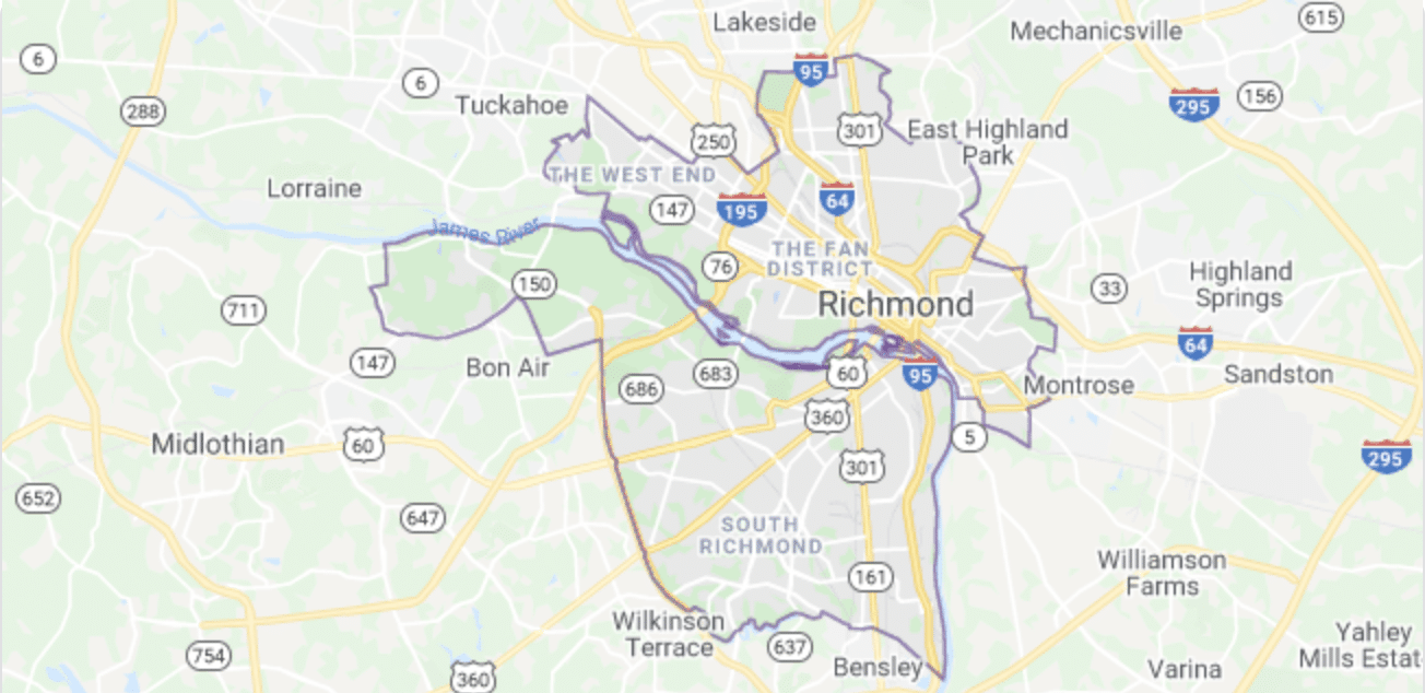 Map of RJ Tilley Plumbing Richmond, VA service area