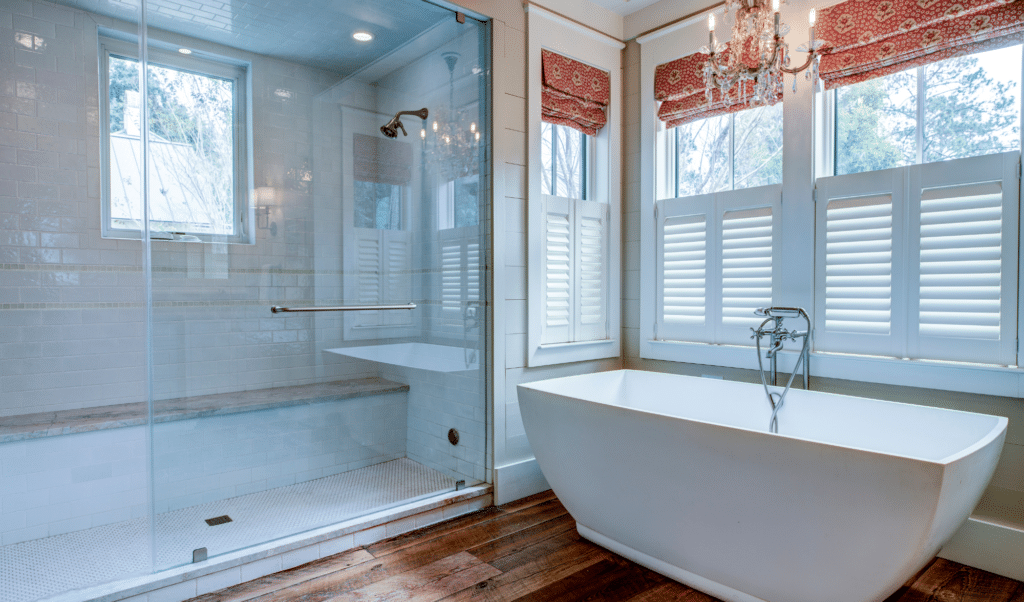 a designer bathroom with a soaking tub